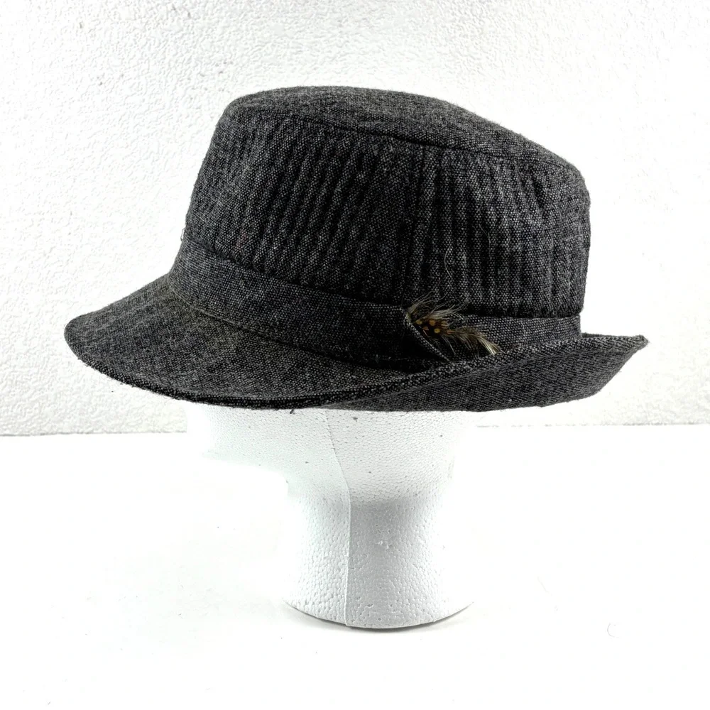 Vintage ACTWU Fedora Hat Mens Small Gray Tweed Union Made Feather Trim Excellent